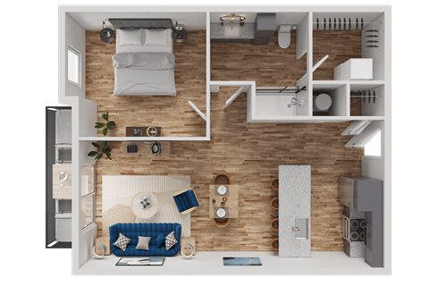 Floor plan for 1 bed, 1 bath, 757 sqft